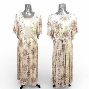 Vintage 90s Cottagecore Floral Rayon Maxi Babydoll Prairie Dress Size 16 Party